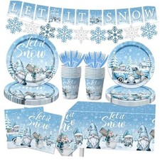 Winter Christmas Party Supplies, 142Pcs Winter Blue Gnome Snowman Christmas