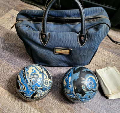 Vtg Set Ebonite Tornado 8G Duckpin Bowling Balls Blue Black Swirl 3lb 8oz + Bag