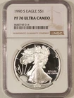 1990-S $1 PROOF AMERICAN SILVER EAGLE, 1 OZ .999 – NGC PF-70 ULTRA CAMEO