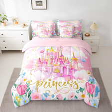 Kids Girls Princess Comforter Set with Sheets Queen Size, Casstle Bed in a Bag S