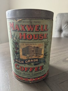 ANTIQUE 1921 MAXWELL HOUSE COFFEE TIN WITH ORIGINAL PAPER LABEL