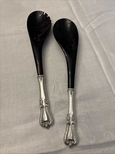 Old Colonial by Towle 2 piece Salad Set, Black Bowls 11.5",  Sterling Silver