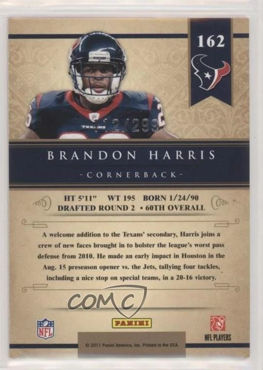 2011 Panini Gold Standard /299 Brandon Harris #162 Rookie RC - Image 2 of 2