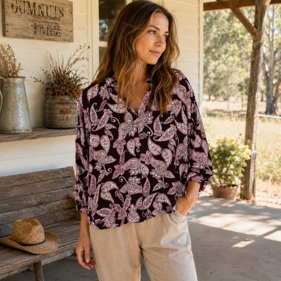 Trenery Shirt Womens Medium Burgundy Pink Paisley Print Boho 3/4 Sleeve Country 