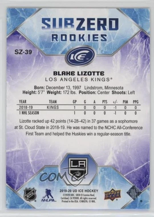 2019-20 Upper Deck Ice Subzero Rookies /999 Blake Lizotte #SZ-39 Rookie RC - Image 2 of 2