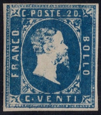 SARDINIA 1851 20 CENTS BLUE N.2 G.O MLH * MARGINALIZED CERT. BOLAFFI 60% SPL