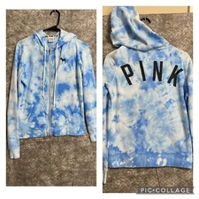 Pink Victorias Secret Hoodie Blue White Tie Dye Spell Out Sweatshirt XS Dog Zip