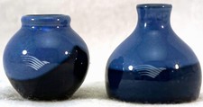 2 Miniature Blue on Blue Pottery Vases 1 Bottle & 1 Jar form Marked SAHI or SAKI