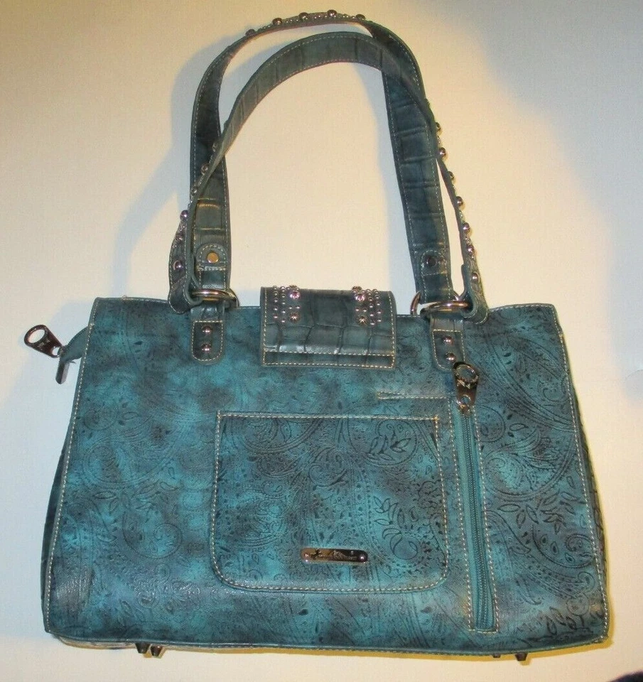 Montana West Green Tote Bag Purse Concealed Carry CCW Studs Tooled Design NWOT - Изображение 2 из 4