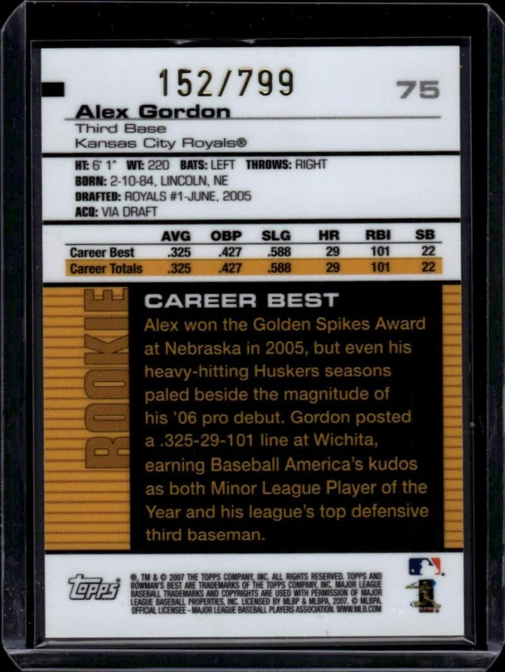 2007 Bowman's Best #75a Alex Gordon RC Rookie 152/799 Kansas City Royals Card - Image 2 of 2