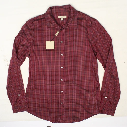 NWT Burberry London Womens Blouse Shirt L Red Nova Check Pleated Front Collar