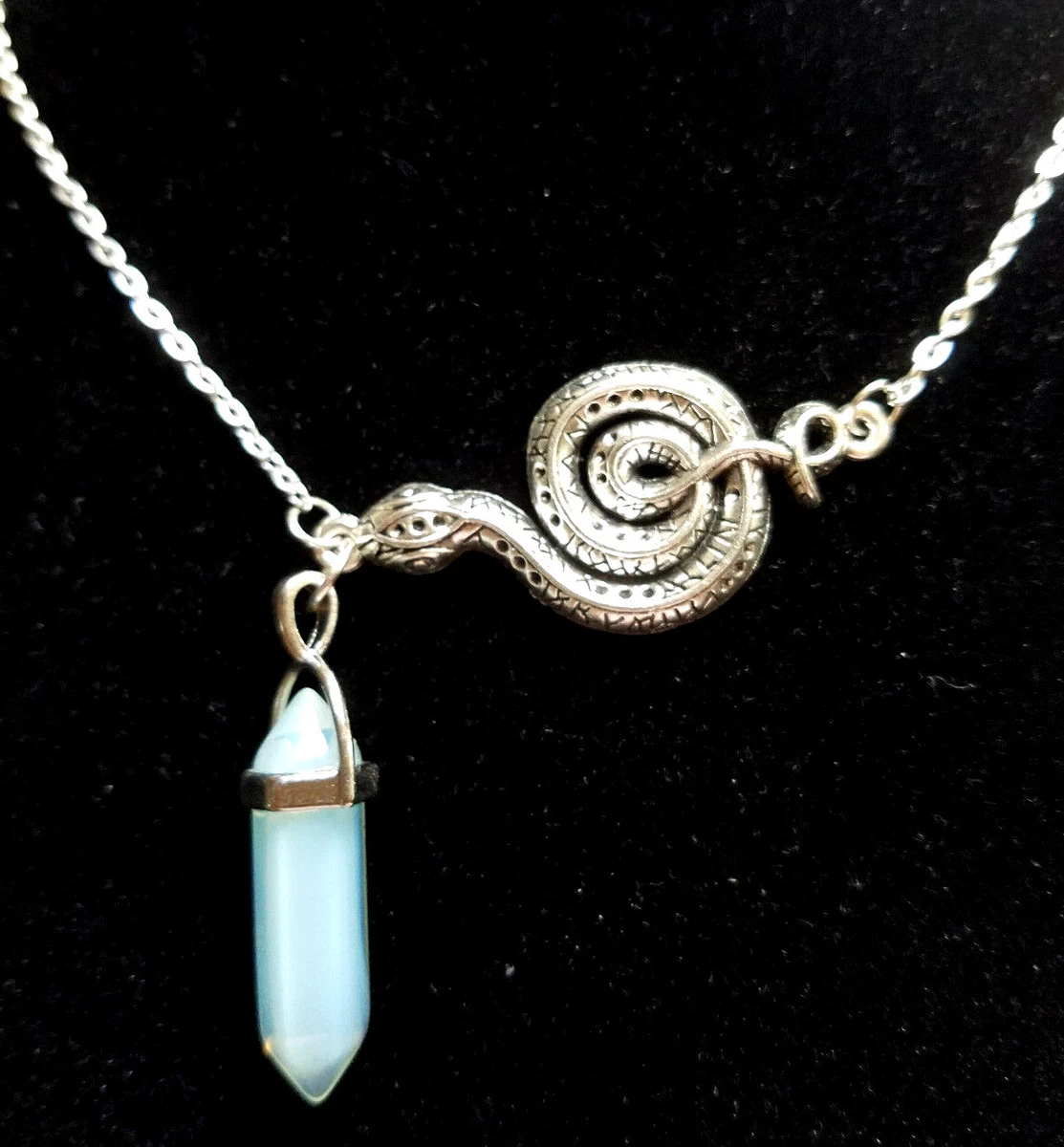 Tibetan Silver Snake NORSE Opalite Pendulum Necklace on Silvertone chain