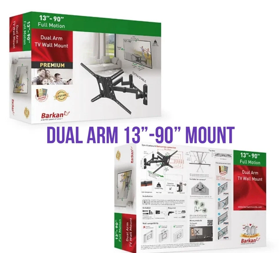 Barkan TV Wall Mount, 13-90 inch Dual Arm Full Motion Articulating - 4 Movement - Image 2 of 3