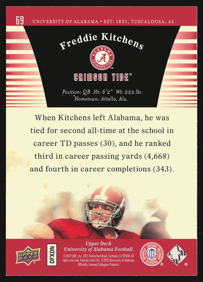 2012 Upper Deck University of Alabama #69 Freddie Kitchens - Image 2 of 2