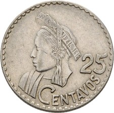 Guatemala 25 Centavos 1963 Silver 8.1g Original Coin #J978