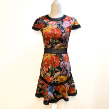 Alice + Olivia Rapunzel Black Lace-Trim Floral Print Mini Dress Size 0