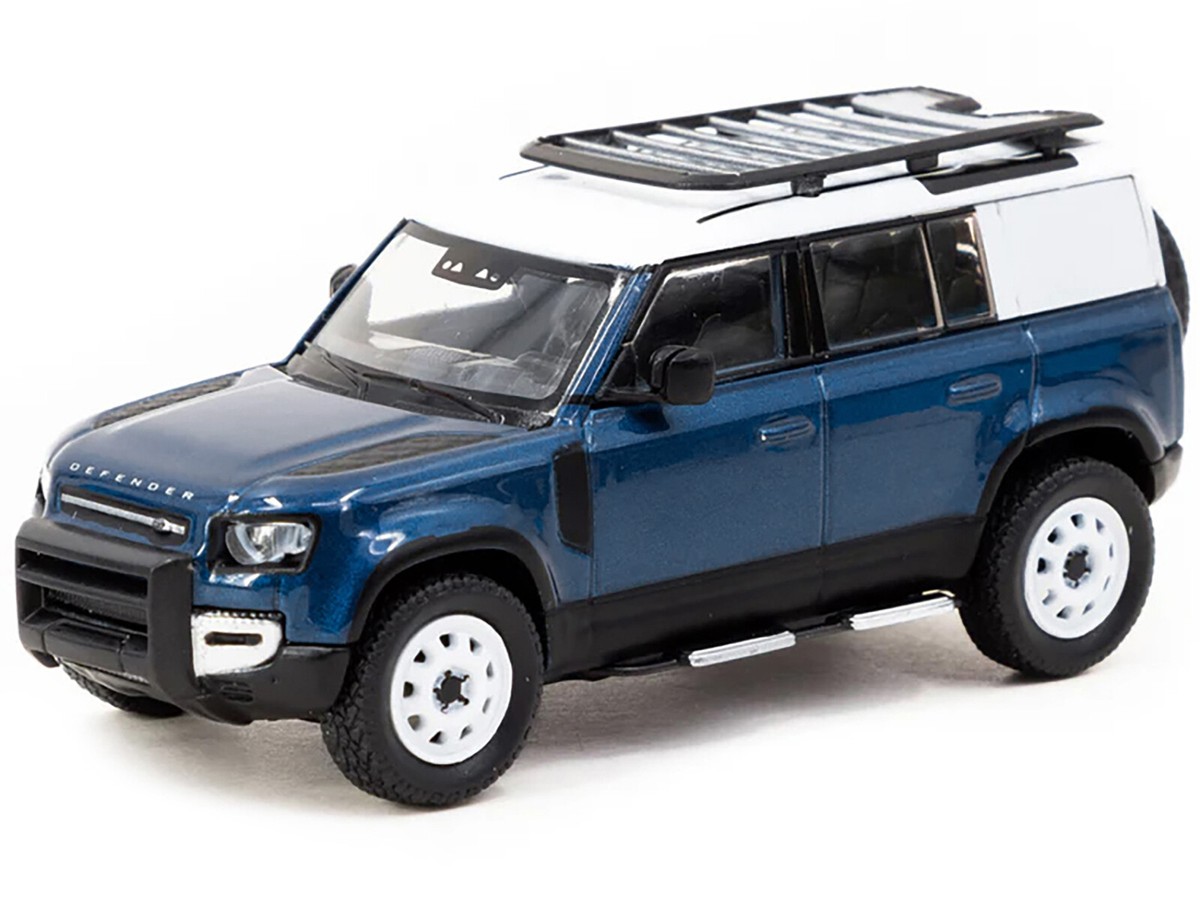 Land Rover Defender 110 Blue with White Top and Roof Rack