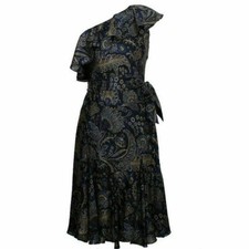 RALPH LAUREN Indigo Blue Silk Paisley Ruffle One Shoulder Dress 10