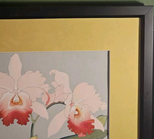 Orchids Woodcut Zuigetsu Ikeda Japanese 20x17 Framed Matted 1940s Floral VTG - Picture 7 of 9