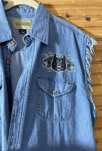 Coast American Dog Trucker Semi 18 Wheeler Vest Demim Blue Mens L Frayed Tank - Picture 5 of 13