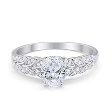 Solitaire Floral Accent Oval CZ Wedding Ring 925 Sterling Silver 8mm