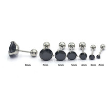 2Pcs Women Men 316L Stainless Steel Round Black CZ Ball Stud Earrings Screw Back