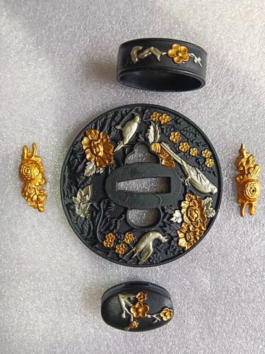 A Set Sword Part Tsuba Guard Fuchi Menuki Iron Magpie For Samurai Katana Blade - Picture 3 of 7