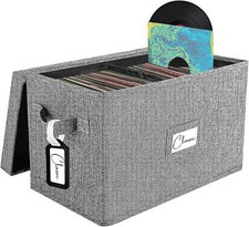 Vinyl Record Storage Box for 7"/45 RPM LPs, Grey Case with Lid Holds up to 80...