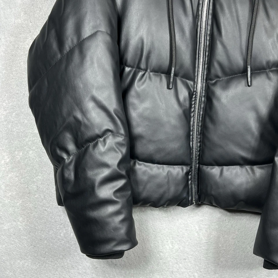 Zara 人造皮革泡泡夹克连帽女式 XL 黑色限量版 — 第 4/4 张图片