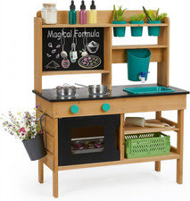 Mud Kitchen for Kids Outdoor, Wooden Play Kitchen with Real Working Faucet Wat