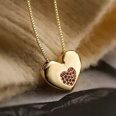 Round Lab Created Red Ruby Pretty Heart Women's Pendant 14k Yellow Gold Plated