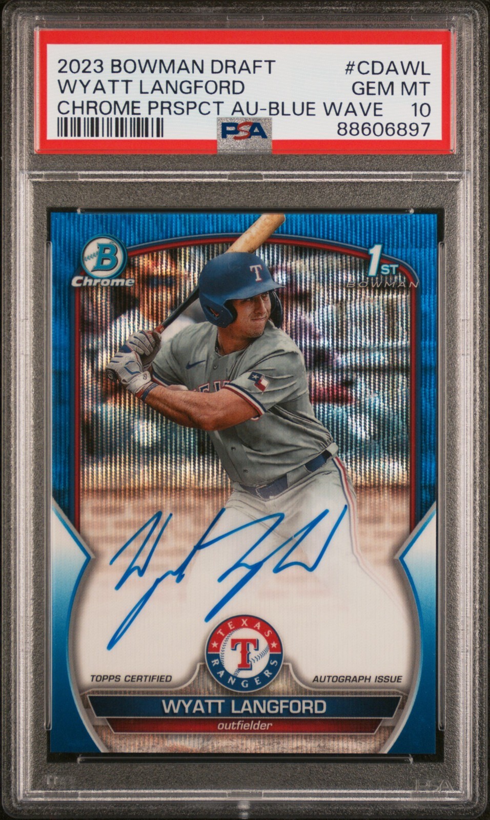 2023 Bowman Chrome Wyatt Langford RC Rookie 1st Blue Wave Ref /150 Auto PSA 10