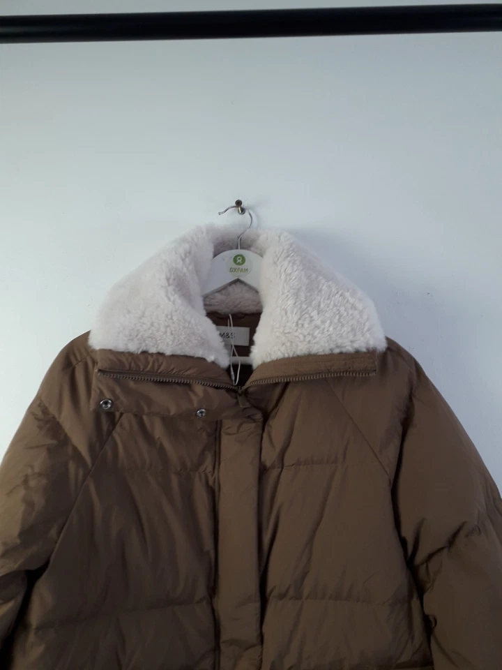 M&S Women's Feather & Down Puffer Coat Faux Fur Collar Brown Size 10 NEW F2 - Image 3 of 4