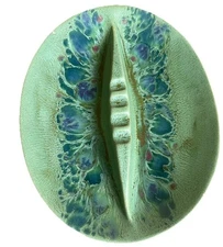 Vintage Gorgeous Glazed Ceramic Ashtray Signed M.I. USA Green Pk Purple Blu Gold