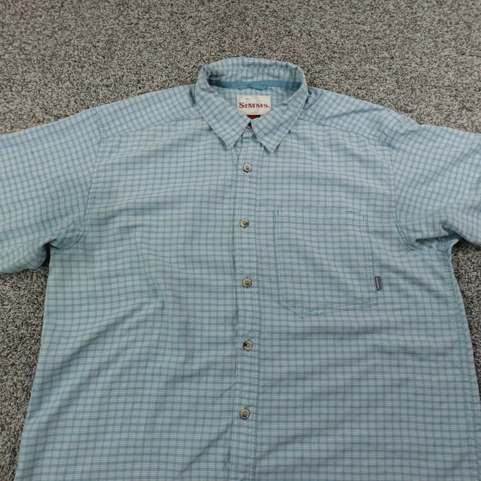 Simms Shirt Mens Large Blue Plaid Short Sleeve Button Up Fishing Outdoor Nylon - Image 3 of 4