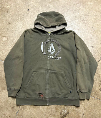 Volcom Men's Green Full Zip Fleece Hooded Graphic Print Hoodie Size XL