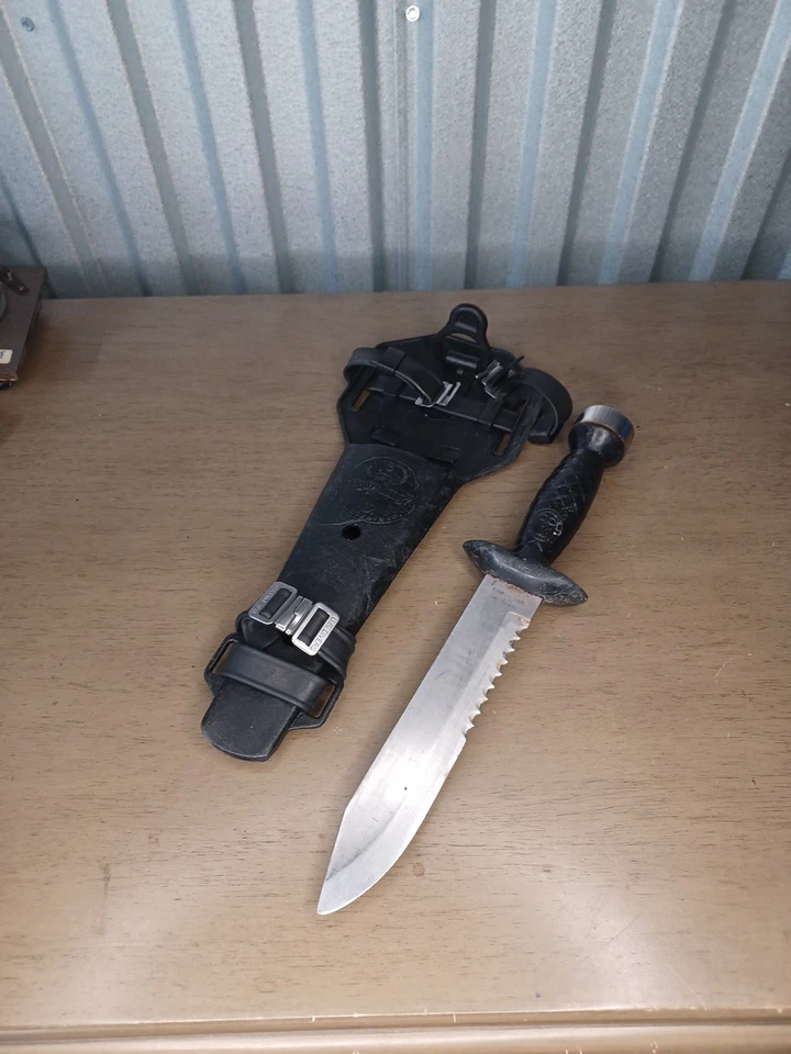 Vtg. U.S. Divers Aqua Lung Dive Knife Japan Stainless Steel w/ Sheath 7” See All - Image 2 of 4