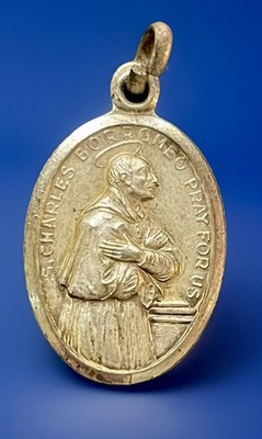 Vintage Catholic St Charles Borromeo Silver Tone Religious Medal