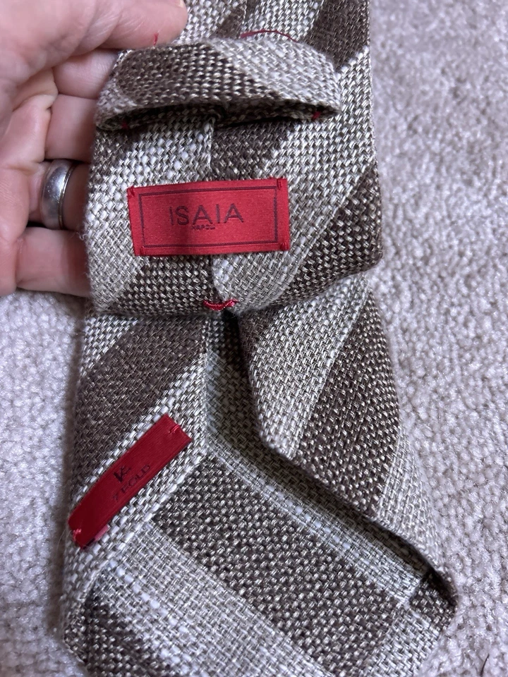 Gravata ISAIA 7 dobras tecido linho seda algodão - listras bege e marrom - 3 1/4" - Imagem 3 de 4