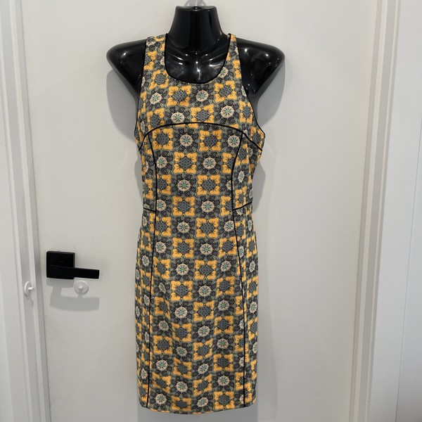Womens AU10 M Orange Black Dress Going Out Stretchy Comfy Bodycon 033