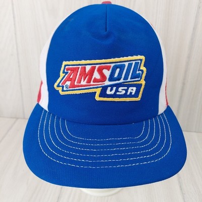 Amsoil Trucker Hat Mens OSFA Blue Red White Vintage Made in USA Snapback Mesh