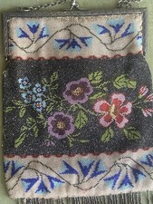 Victorian era 1890-1910 glass micro beaded floral Purse- Antique 9  x7.25  Nice