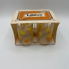 Libbey Bolero Glassware Set 4 Juice Glasses 6oz Retro Dandelion Floral Orange