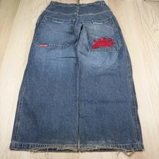 JNCO Mens Blue Pocket Embroidered Y2K Relaxed Baggy Wide-Leg Jeans Size 34x30