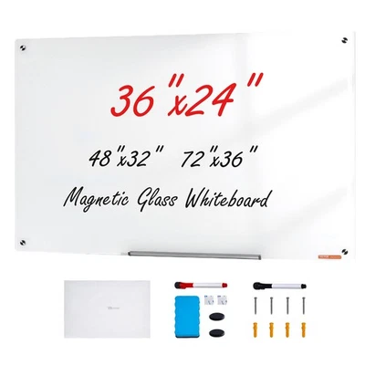 VEVOR Tableau Blanc Magnétique en Verre Effaçable à Sec 90x60 cm Mural Bureau - Photo 1/4