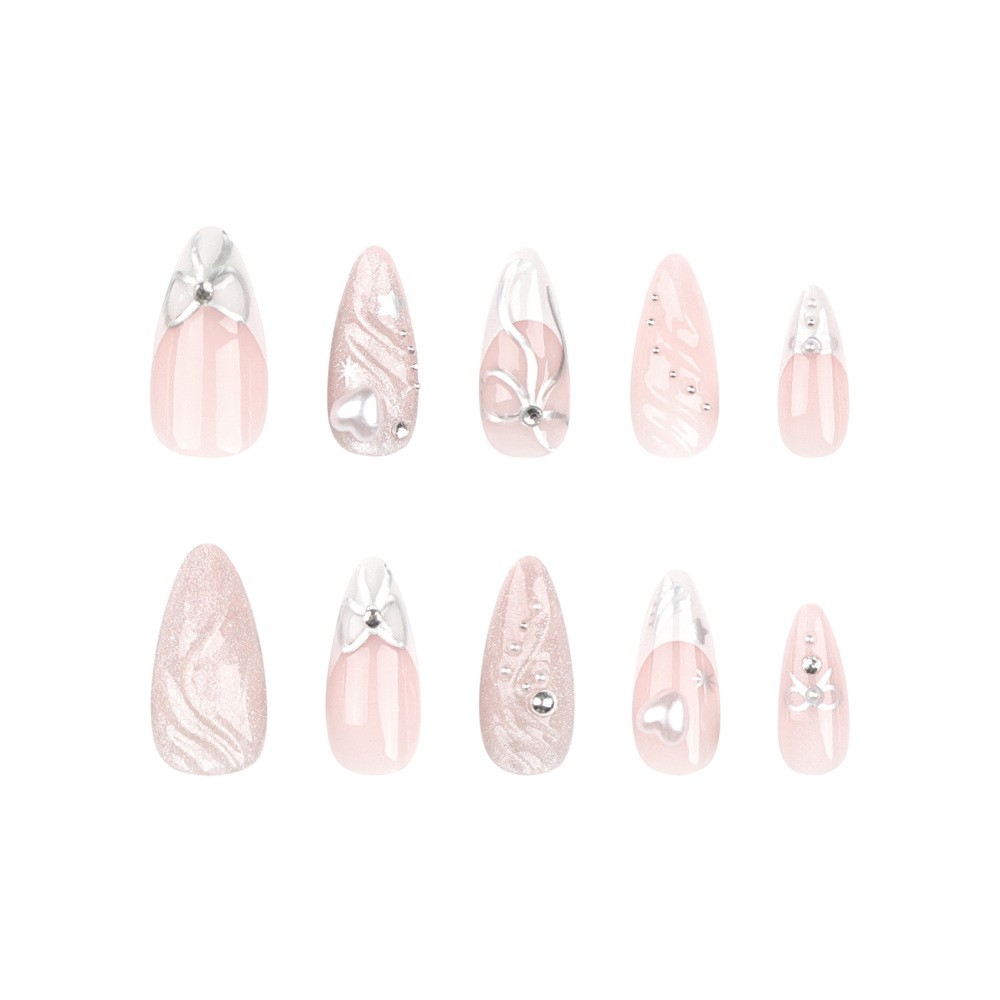On Nails Self Adhesive Almond Shape With Heart Bow French Tip Design