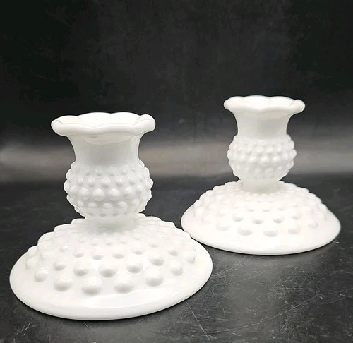 Fenton Hobnail White Glass Taper Candlestick Holders Set Of Two (2) OG Sticker