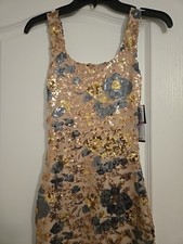 Floral Sequin Mini Dress Square Neck Bodycon Sleeveless Party Cocktail Gold Pink