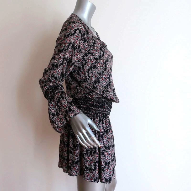 10 Crosby Derek Lam Dress Black/Red Smocked Printed Silk Size 6 Long Sleeve Mini - Image 4 of 4
