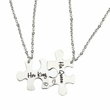 2PCS Her King His Queen Puzzle Matching Pendant Necklace Couple Keychain Keyring